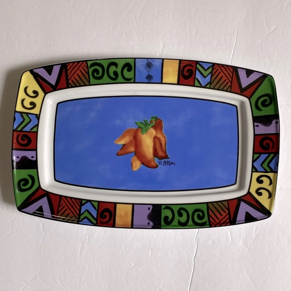🌹Sue Zipkin rectangular ceramic serving platter, Mosaic trim, Hot peppers 7x11” - Picture 3 of 14